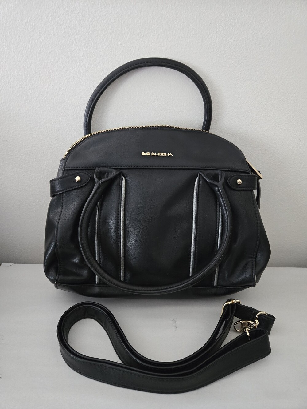 Big Buddha Black Dome Leatherette Satchel Gold Hardware Detachable Strap